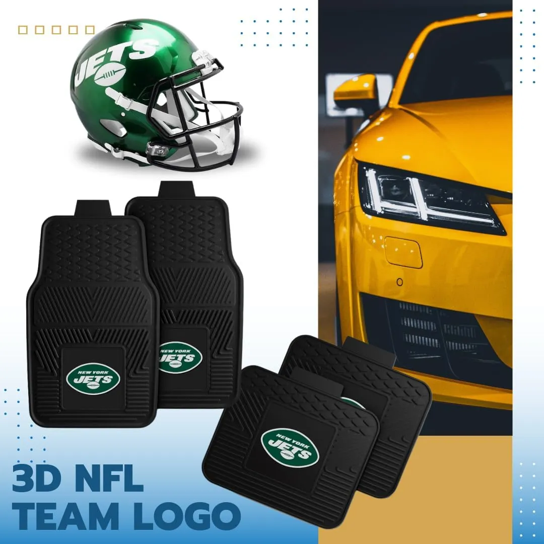 Fanmats New York Jets Set of 4 Car Mats for Cars, SUV, Pickups - All Weather Technology Protection, Deep Reservoir Design, Universal Fit - 3D NFL Team Logo - 29”x17” Front - 14”x17” Rear Mat