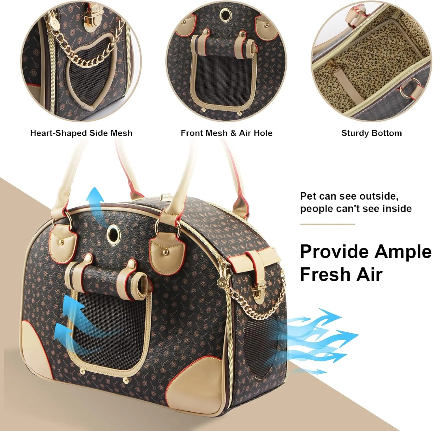 Fashion Dog Carrier PU Leather Dog Handbag Dog Purse Cat Tote Bag Pet Cat Dog Hiking Bag, Brown, Large