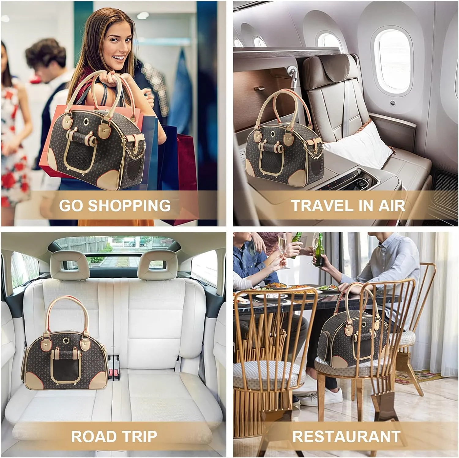 Fashion Dog Carrier PU Leather Dog Handbag Dog Purse Cat Tote Bag Pet Cat Dog Hiking Bag, Brown, Large