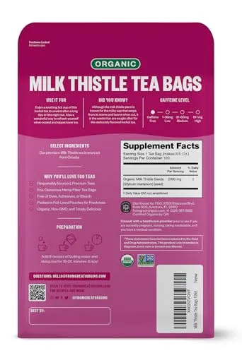 FGO Organic Milk Thistle Tea, 100 Count, Eco-Conscious Herbal Tea Bags, Resealable Bag, Caffeine Free, Packaging May Vary (Pack of 1)