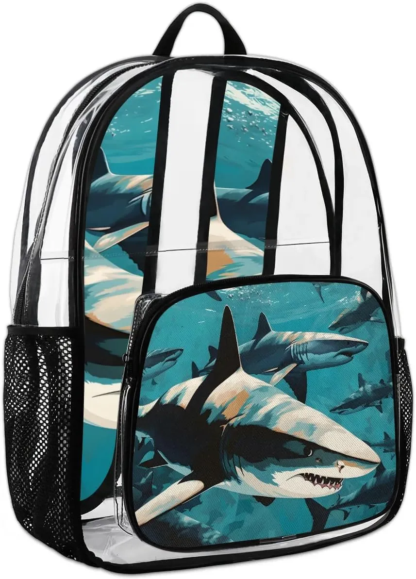 Fiercely Shark Clear Backpack Stadium Approved Heavy-Duty See Through Bag Waterproof Clear Backpack for Concerts Work Sports & Events Large Capacity 11.2x6.2x17.7"