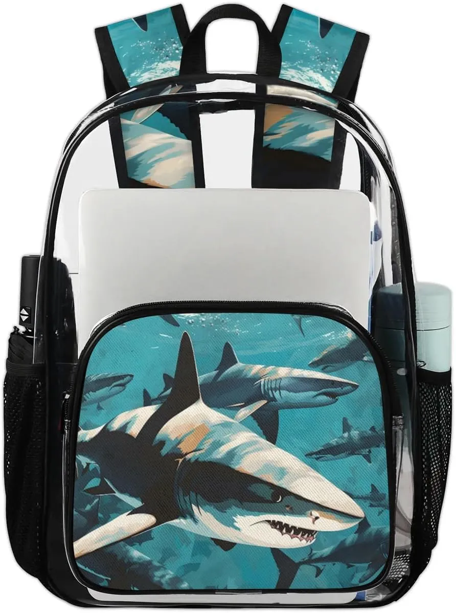 Fiercely Shark Clear Backpack Stadium Approved Heavy-Duty See Through Bag Waterproof Clear Backpack for Concerts Work Sports & Events Large Capacity 11.2x6.2x17.7"