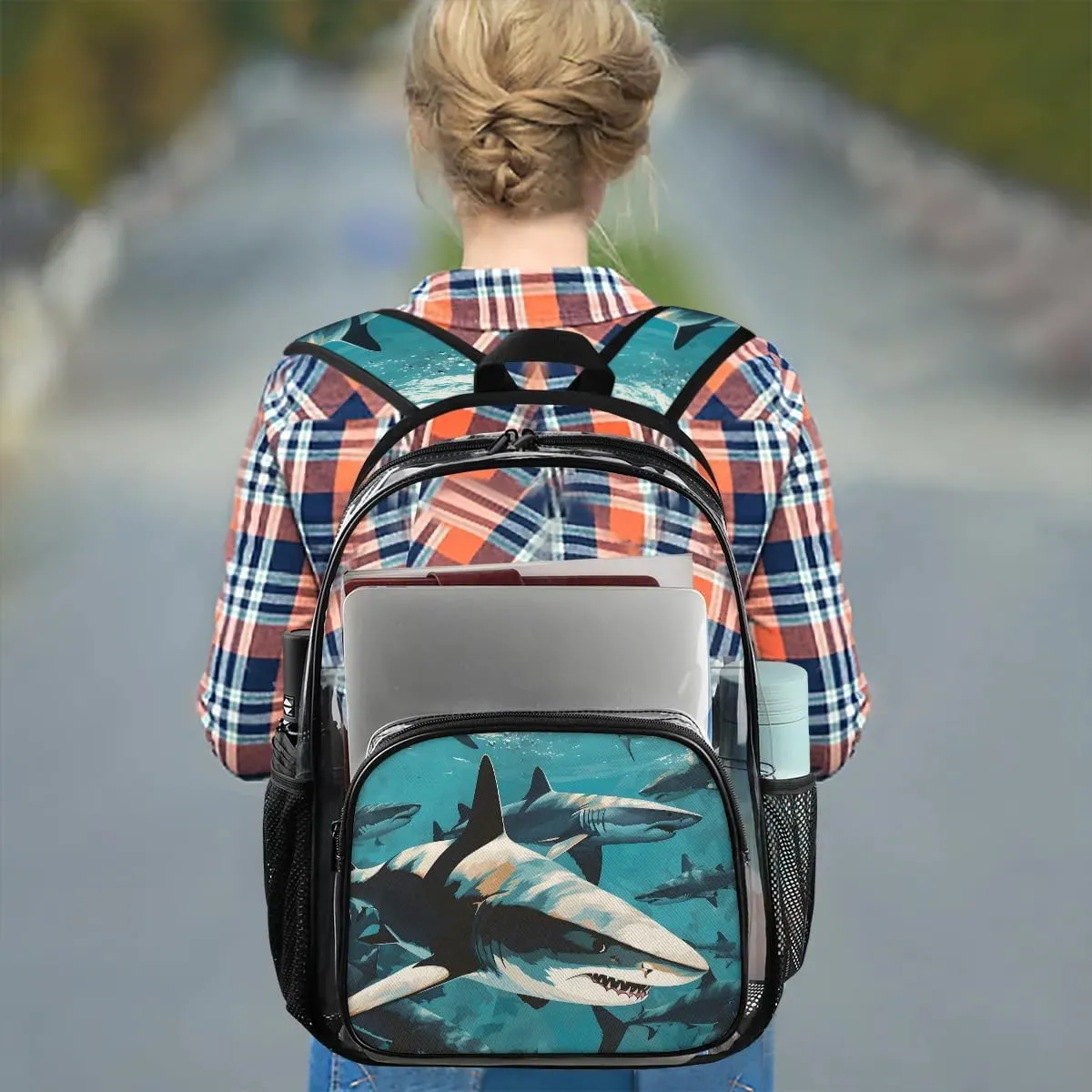 Fiercely Shark Clear Backpack Stadium Approved Heavy-Duty See Through Bag Waterproof Clear Backpack for Concerts Work Sports & Events Large Capacity 11.2x6.2x17.7"