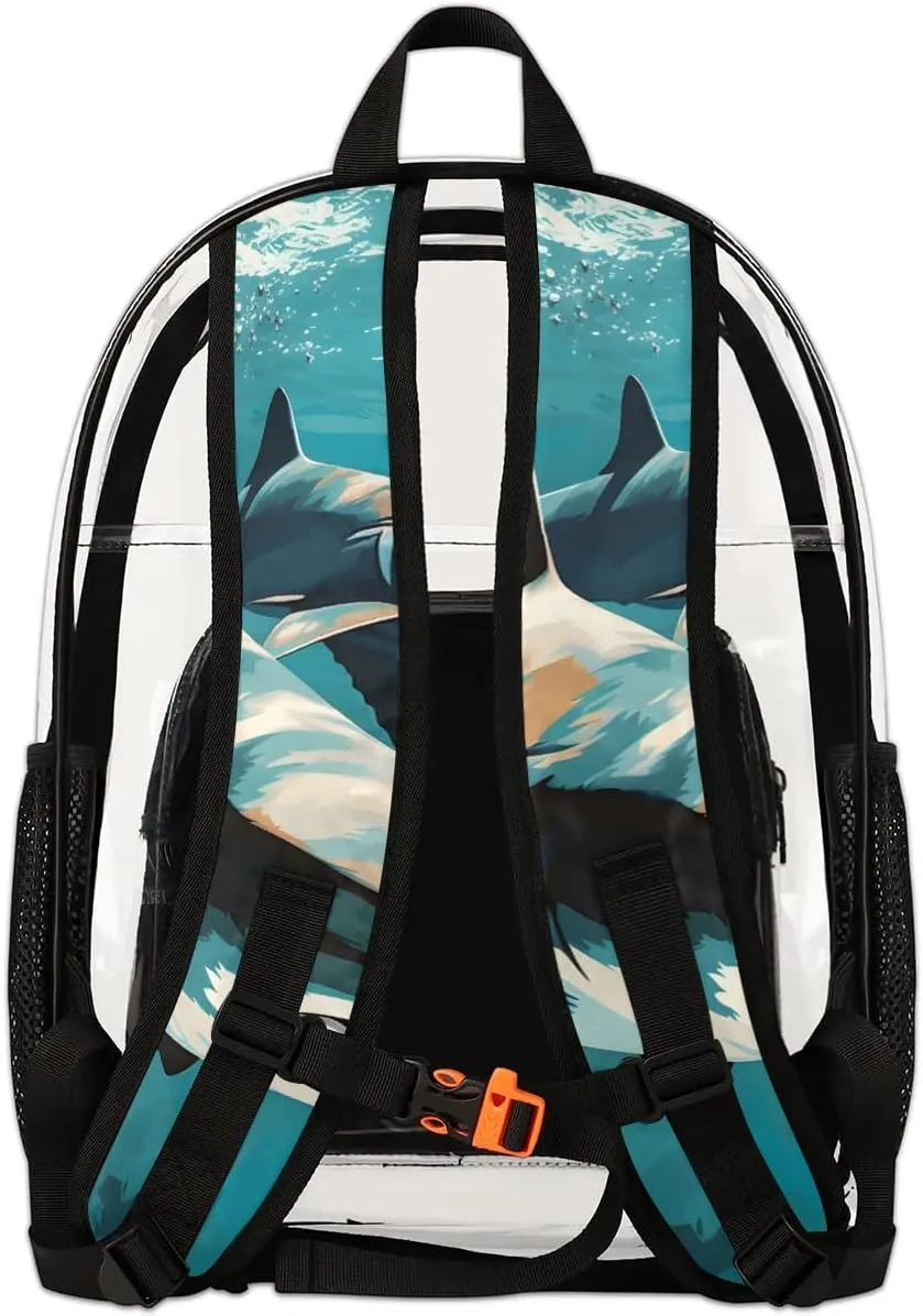 Fiercely Shark Clear Backpack Stadium Approved Heavy-Duty See Through Bag Waterproof Clear Backpack for Concerts Work Sports & Events Large Capacity 11.2x6.2x17.7"