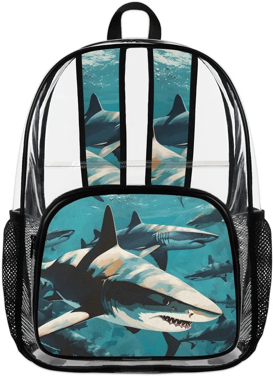 Fiercely Shark Clear Backpack Stadium Approved Heavy-Duty See Through Bag Waterproof Clear Backpack for Concerts Work Sports & Events Large Capacity 11.2x6.2x17.7"