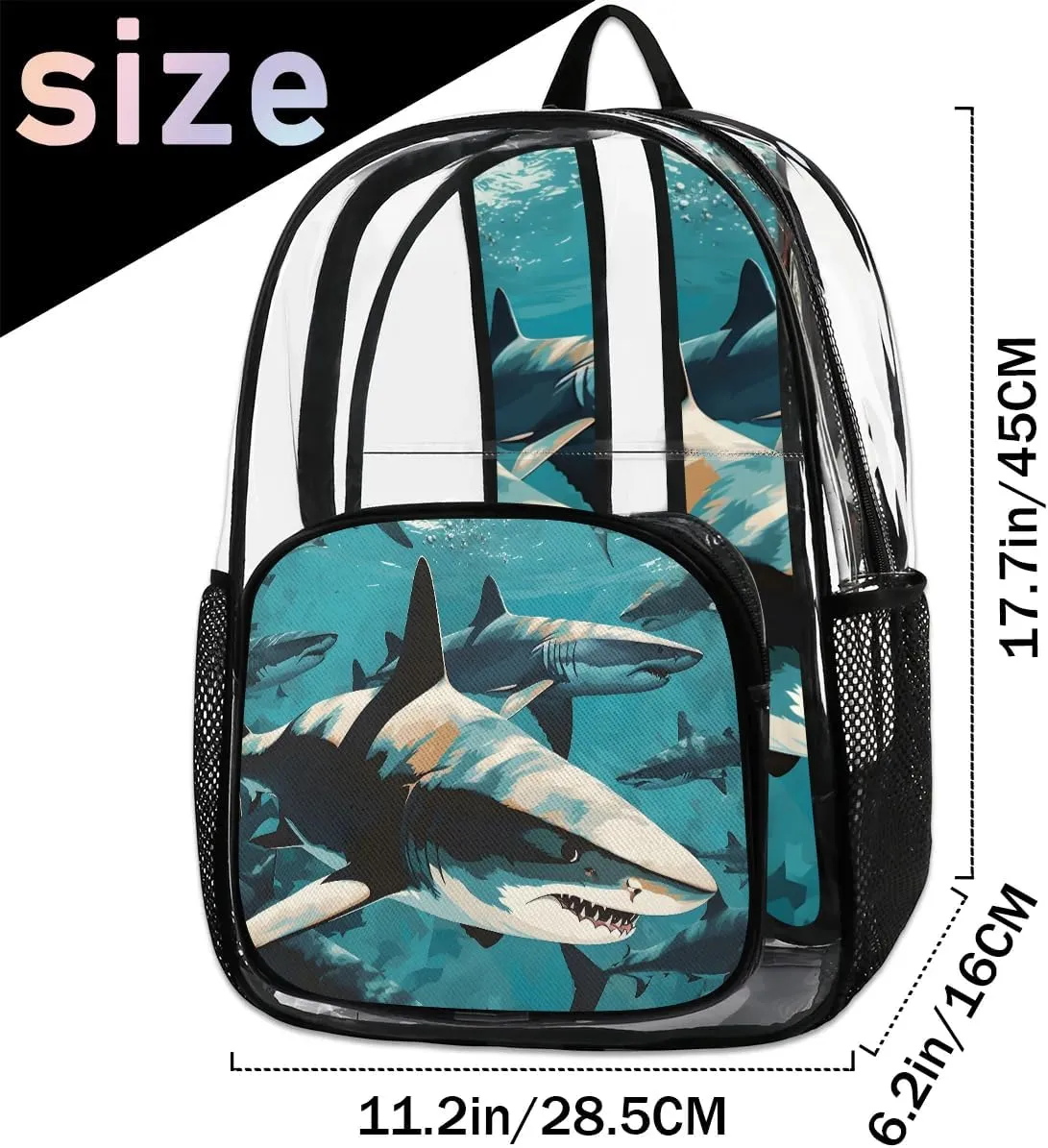 Fiercely Shark Clear Backpack Stadium Approved Heavy-Duty See Through Bag Waterproof Clear Backpack for Concerts Work Sports & Events Large Capacity 11.2x6.2x17.7"