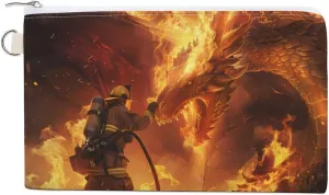 Firefighter Fighting Against Flames Dragon Coin Pouch Small Wallet Card Purse Cute Makeup Pouch Handbag with Key Ring