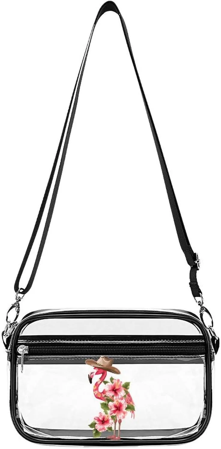 Flamingo Flowers Clear Bag PVC Clear Crossbody Purse Bag Transparent Shoulder Handbag with Adjustable Strap