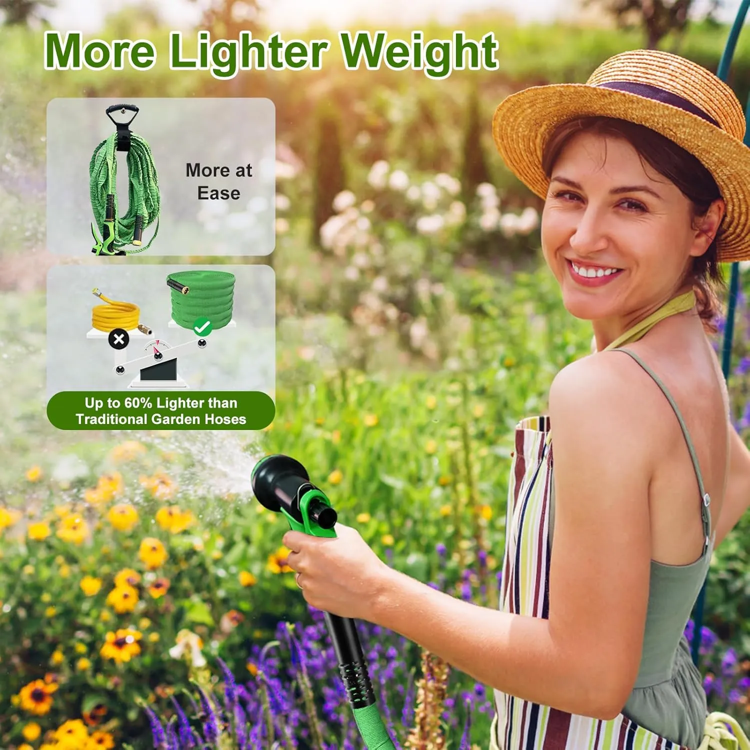Flexible Garden Hose 50ft, Lightweight Water Hose with 10 Function Spray, Portable Water Pipe Leak-Proof Kink Free Non-Shrinking Drinking Water Safe Hose Durable for Car Wash Patio Yard House Camping