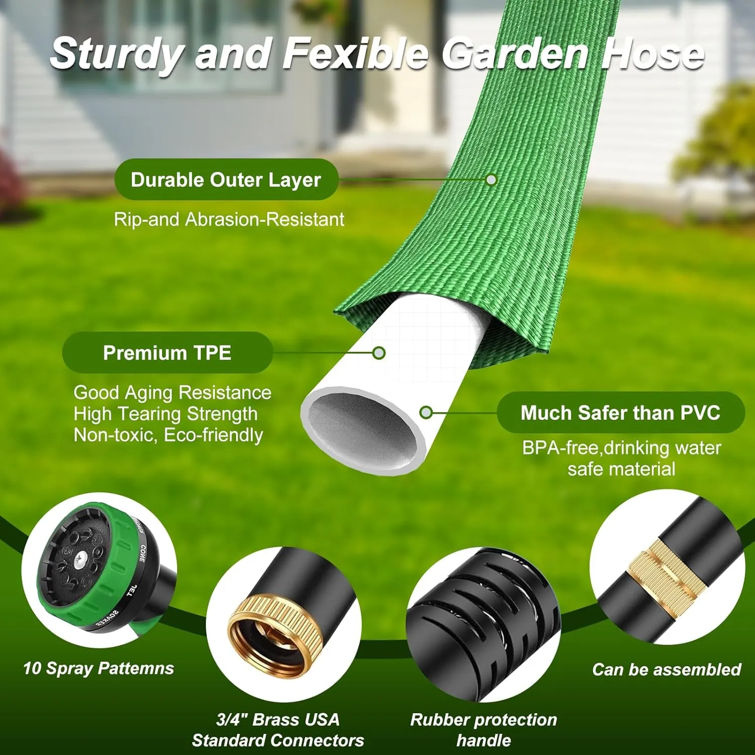 Flexible Garden Hose 50ft, Lightweight Water Hose with 10 Function Spray, Portable Water Pipe Leak-Proof Kink Free Non-Shrinking Drinking Water Safe Hose Durable for Car Wash Patio Yard House Camping
