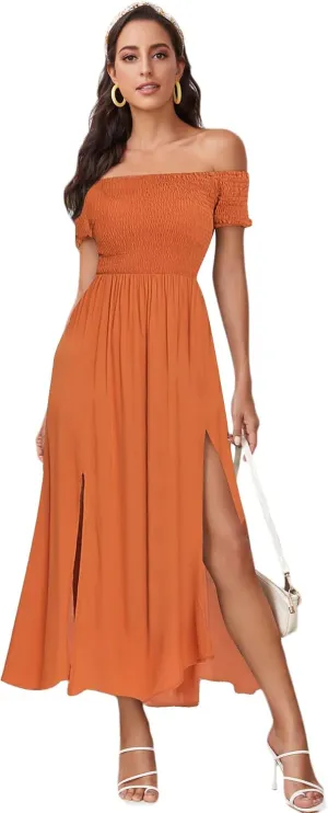 Floerns Women's Boho Floral Print Off Shoulder Split Long A Line Dress