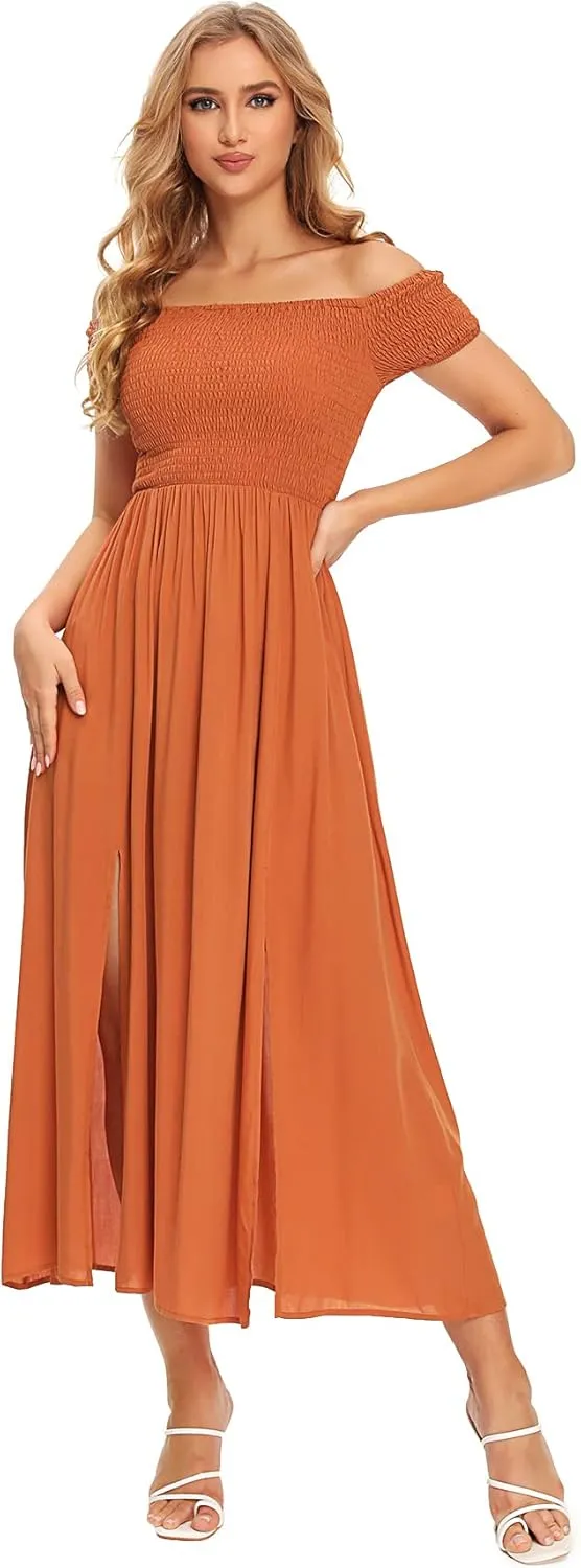 Floerns Women's Boho Floral Print Off Shoulder Split Long A Line Dress