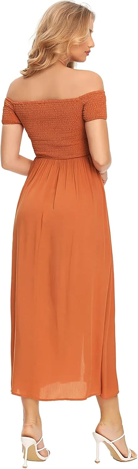 Floerns Women's Boho Floral Print Off Shoulder Split Long A Line Dress