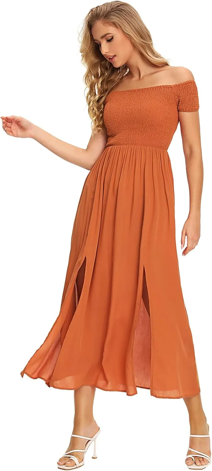 Floerns Women's Boho Floral Print Off Shoulder Split Long A Line Dress