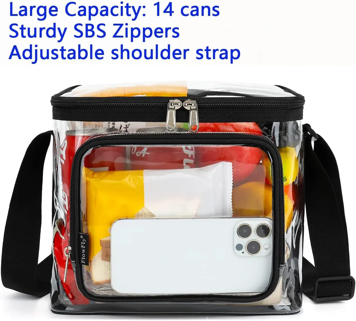 FlowFly Insulated Reusable Lunch Bag Adult Large Lunch Box for Women and Men with Adjustable Shoulder Strap,Front Zipper Pocket and Dual Large Mesh Side Pockets, Clear