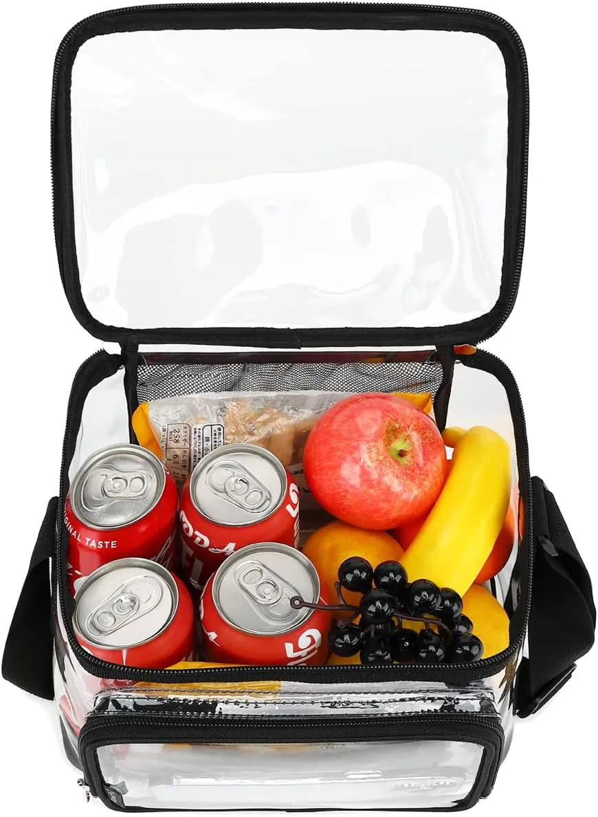 FlowFly Insulated Reusable Lunch Bag Adult Large Lunch Box for Women and Men with Adjustable Shoulder Strap,Front Zipper Pocket and Dual Large Mesh Side Pockets, Clear
