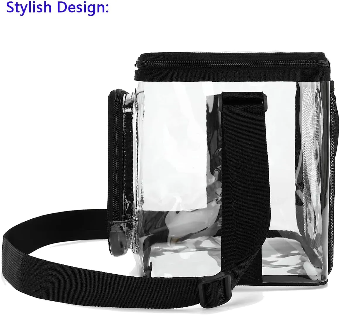 FlowFly Insulated Reusable Lunch Bag Adult Large Lunch Box for Women and Men with Adjustable Shoulder Strap,Front Zipper Pocket and Dual Large Mesh Side Pockets, Clear