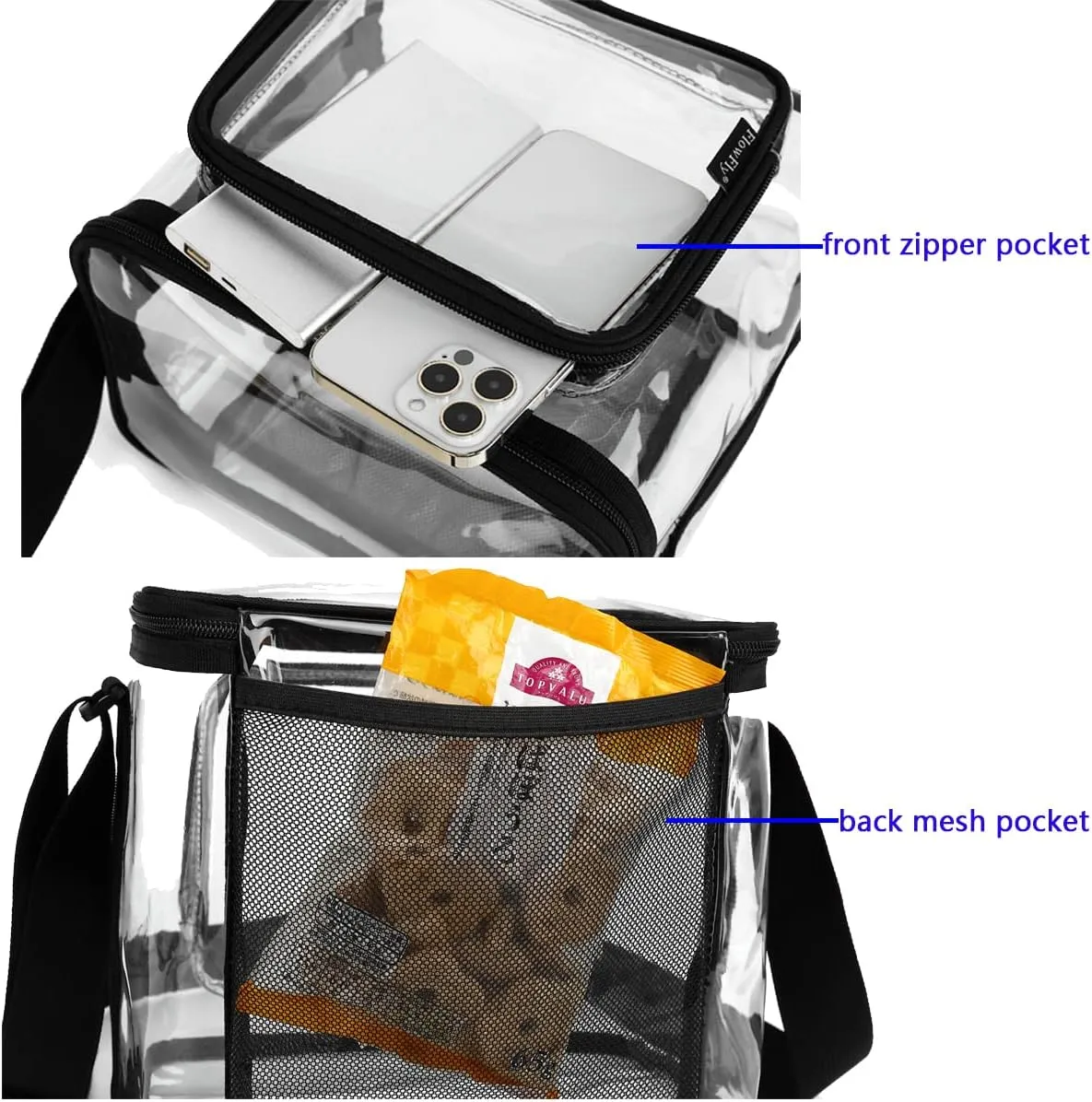 FlowFly Insulated Reusable Lunch Bag Adult Large Lunch Box for Women and Men with Adjustable Shoulder Strap,Front Zipper Pocket and Dual Large Mesh Side Pockets, Clear