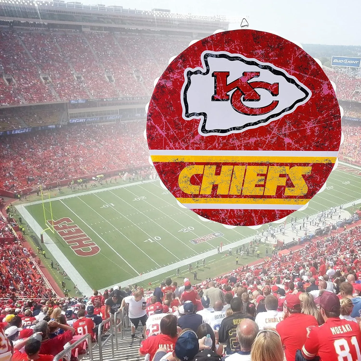 FOCO Kansas City Chiefs Metal Distressed Bottlecap Wall Sign – Limited Edition Chiefs Sign – Represent The NFL, AFC and Show Your Team Spirit with Officially Licensed Kansas City Football Fan Gear