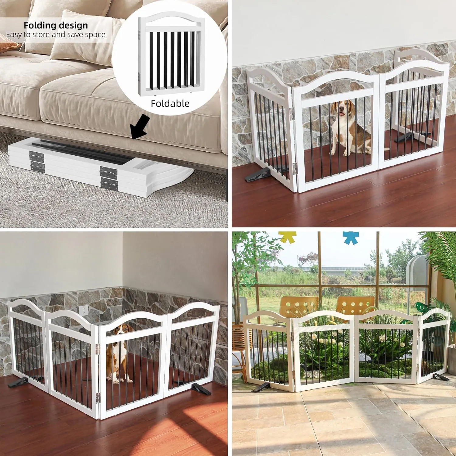 Foldable Freestanding Indoor Dog Gate for Doorways Wooden White Pet Gate for The House Dog Fence with Support Feet Included for Stairs, Hallways, 32" Height,4 Panels