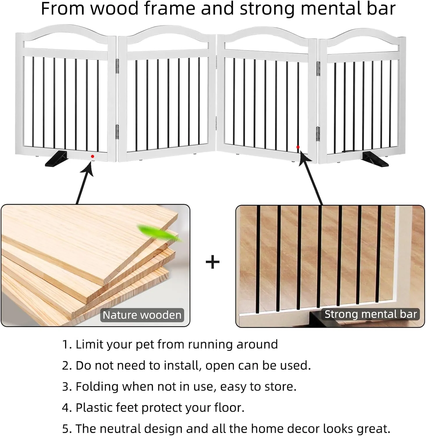 Foldable Freestanding Indoor Dog Gate for Doorways Wooden White Pet Gate for The House Dog Fence with Support Feet Included for Stairs, Hallways, 32" Height,4 Panels