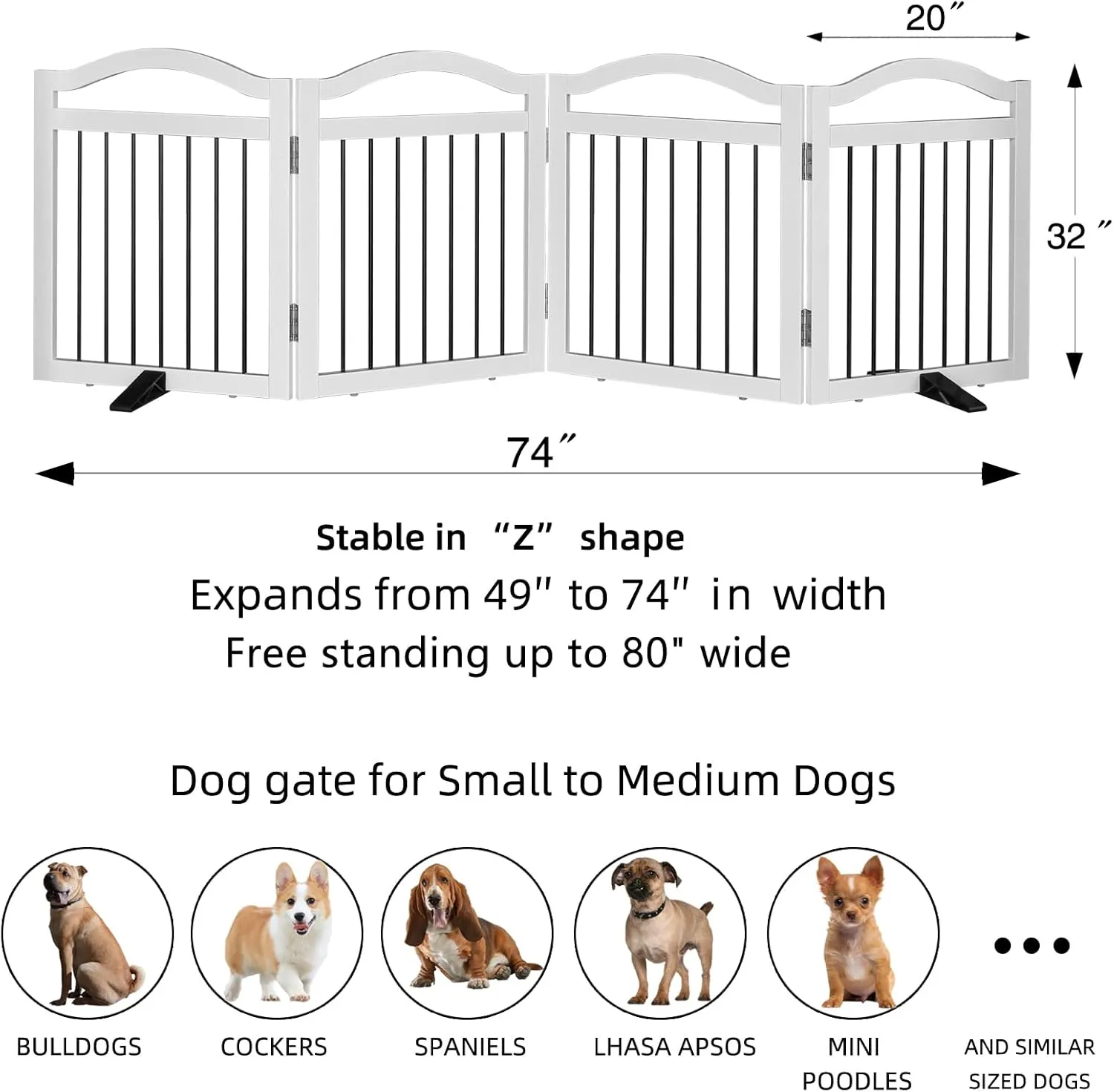 Foldable Freestanding Indoor Dog Gate for Doorways Wooden White Pet Gate for The House Dog Fence with Support Feet Included for Stairs, Hallways, 32" Height,4 Panels