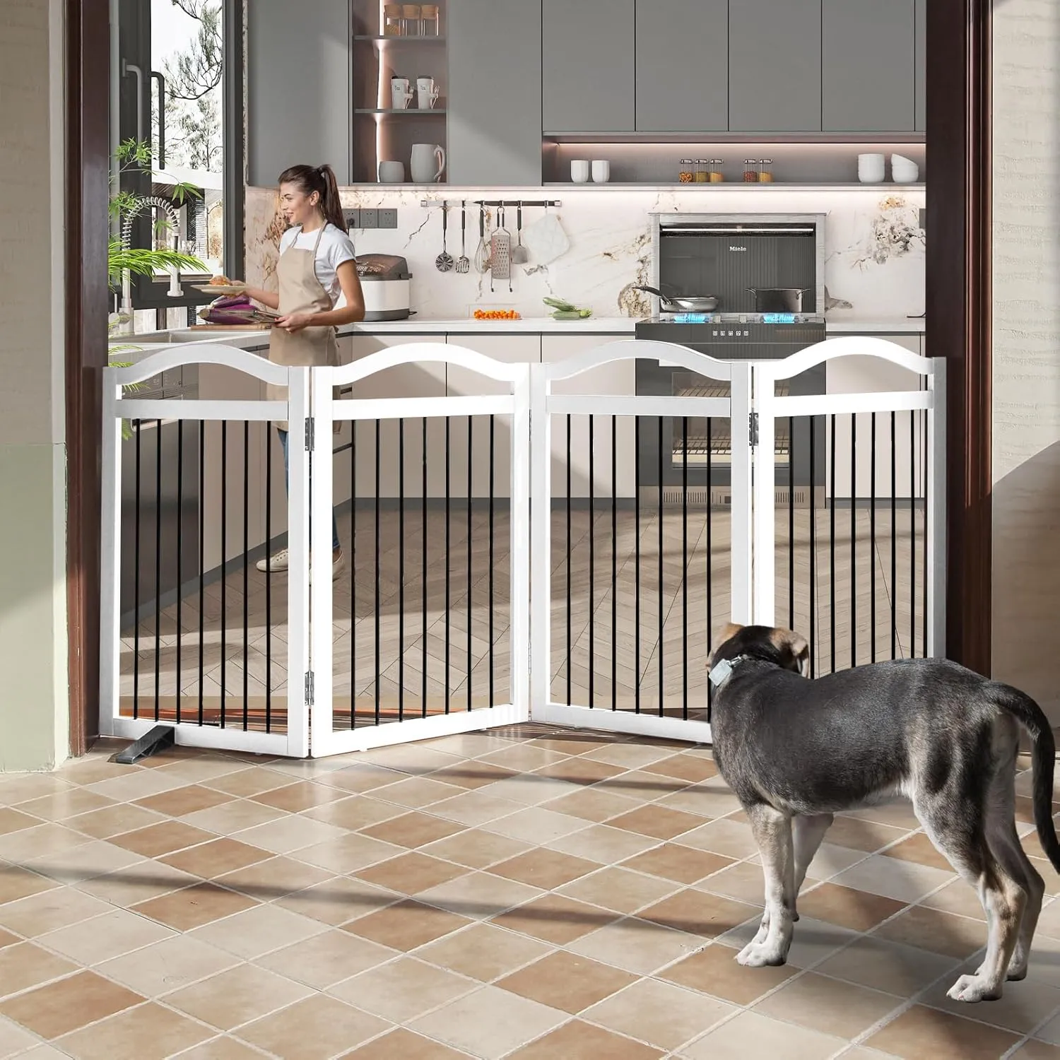 Foldable Freestanding Indoor Dog Gate for Doorways Wooden White Pet Gate for The House Dog Fence with Support Feet Included for Stairs, Hallways, 32" Height,4 Panels