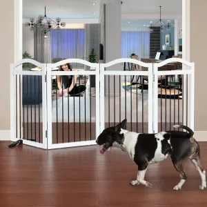 Foldable Freestanding Indoor Dog Gate for Doorways Wooden White Pet Gate for The House Dog Fence with Support Feet Included for Stairs, Hallways, 32" Height,4 Panels