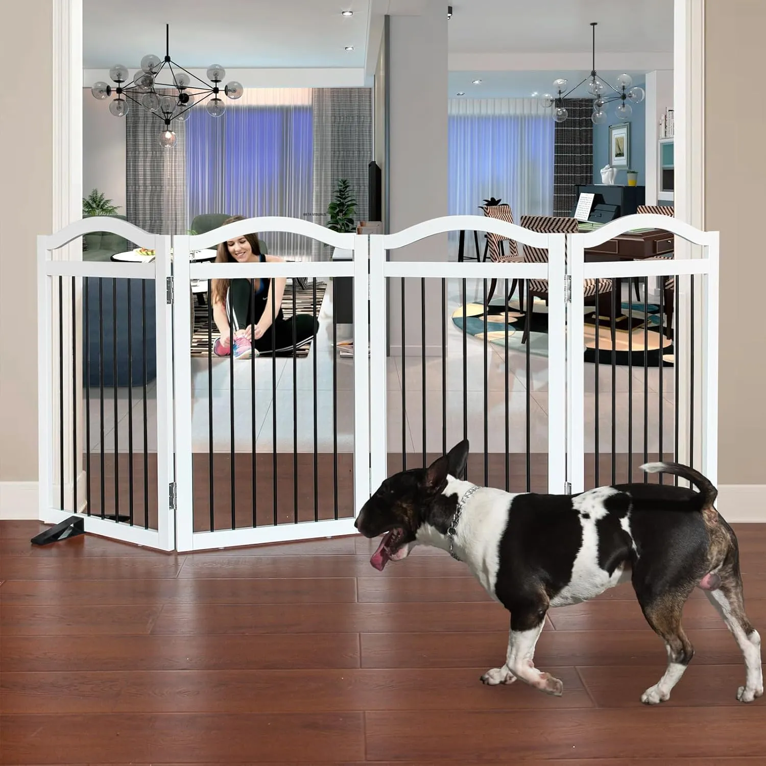 Foldable Freestanding Indoor Dog Gate for Doorways Wooden White Pet Gate for The House Dog Fence with Support Feet Included for Stairs, Hallways, 32" Height,4 Panels