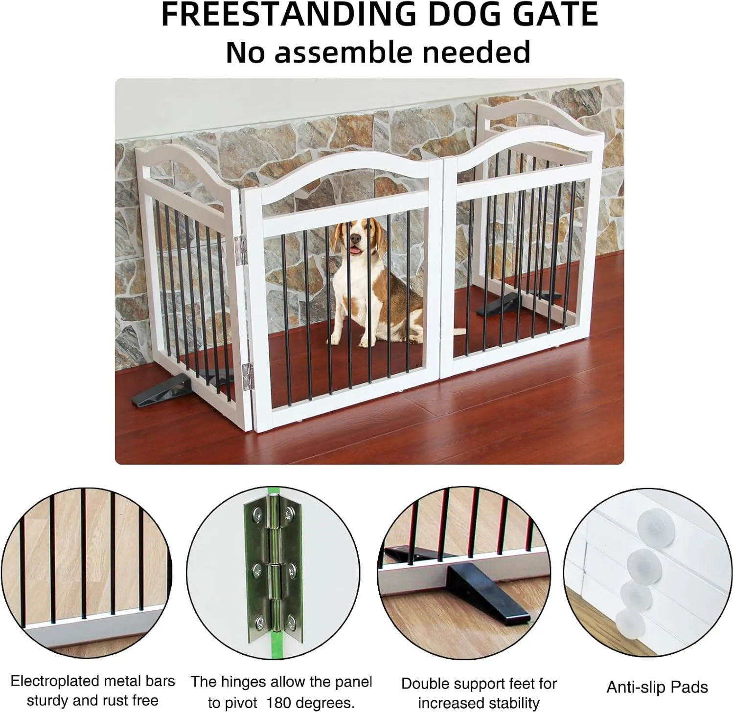 Foldable Freestanding Indoor Dog Gate for Doorways Wooden White Pet Gate for The House Dog Fence with Support Feet Included for Stairs, Hallways, 32" Height,4 Panels
