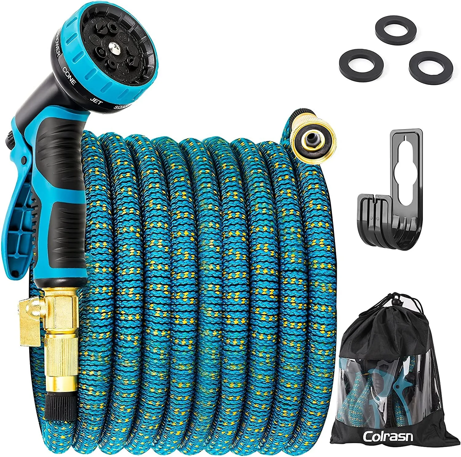 Folixitar Colrasn 100FT Expandable Garden Hose, Durable Flexible Water Hose, 9 Function Spray Hose Nozzle, 3/4" Solid Brass Connectors, Extra Strength Fabric, Lightweight Expanding Hose