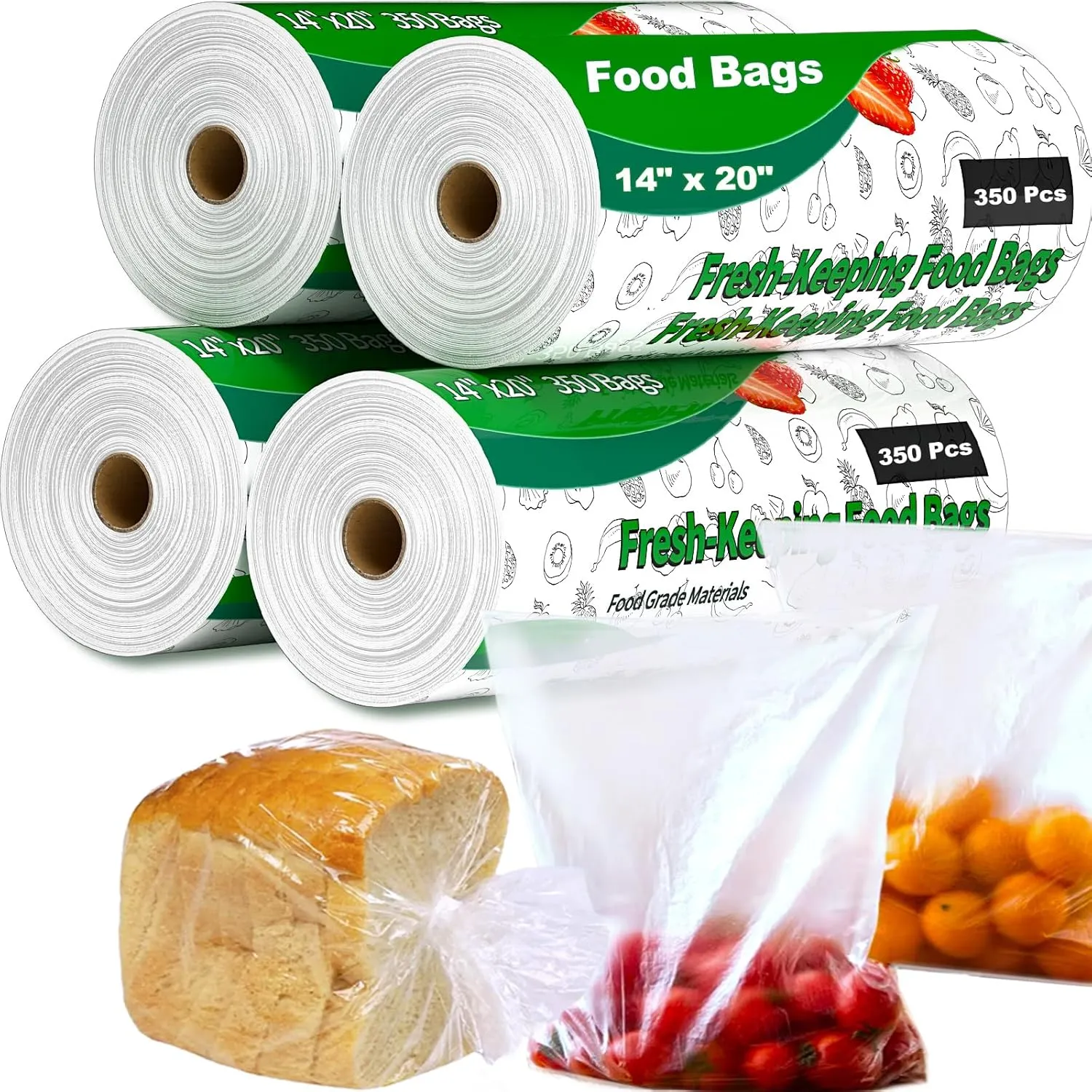 Food Bags, 14" X 20" Plastic Produce Bags Roll, Fresh-Keeping Clear Plastic Bags for Food, Fruit, Vegetable, Bread, Kitchen, freezer, Supermarket, 350 Plastic Produce Bags/Roll (4 Rolls)