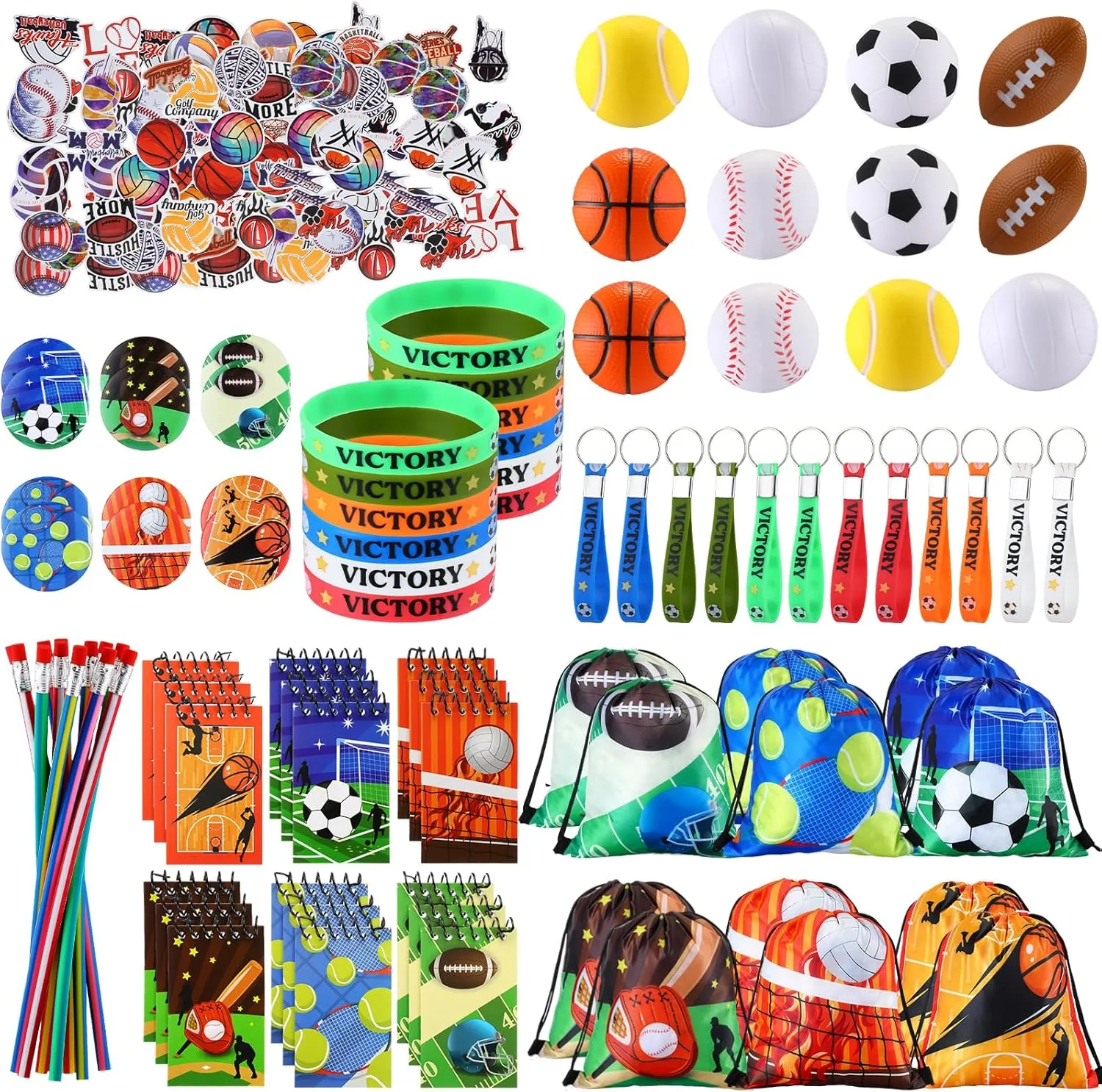 Fulmoon 140 Pcs Sports Party Favors Include Sports Drawstring Bag Mini Foam Sports Balls Bendable Pencil Sport Wristband Keychains Stickers Spiral Notepad Badge for Birthday Sports Party Supplies