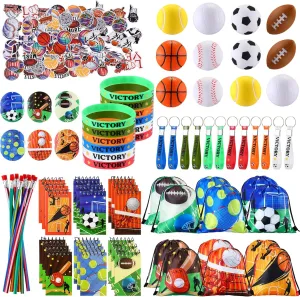 Fulmoon 140 Pcs Sports Party Favors Include Sports Drawstring Bag Mini Foam Sports Balls Bendable Pencil Sport Wristband Keychains Stickers Spiral Notepad Badge for Birthday Sports Party Supplies