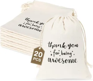 Fumete 20 Pcs Gift Drawstring Bags for Employee Coworker Colleague, Thank You for Being Awesome Bags, Thank You Gift for Employee Coworker Appreciation(5 x 7 Inch,White & Black)
