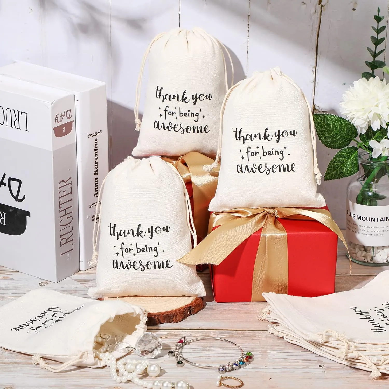 Fumete 20 Pcs Gift Drawstring Bags for Employee Coworker Colleague, Thank You for Being Awesome Bags, Thank You Gift for Employee Coworker Appreciation(5 x 7 Inch,White & Black)