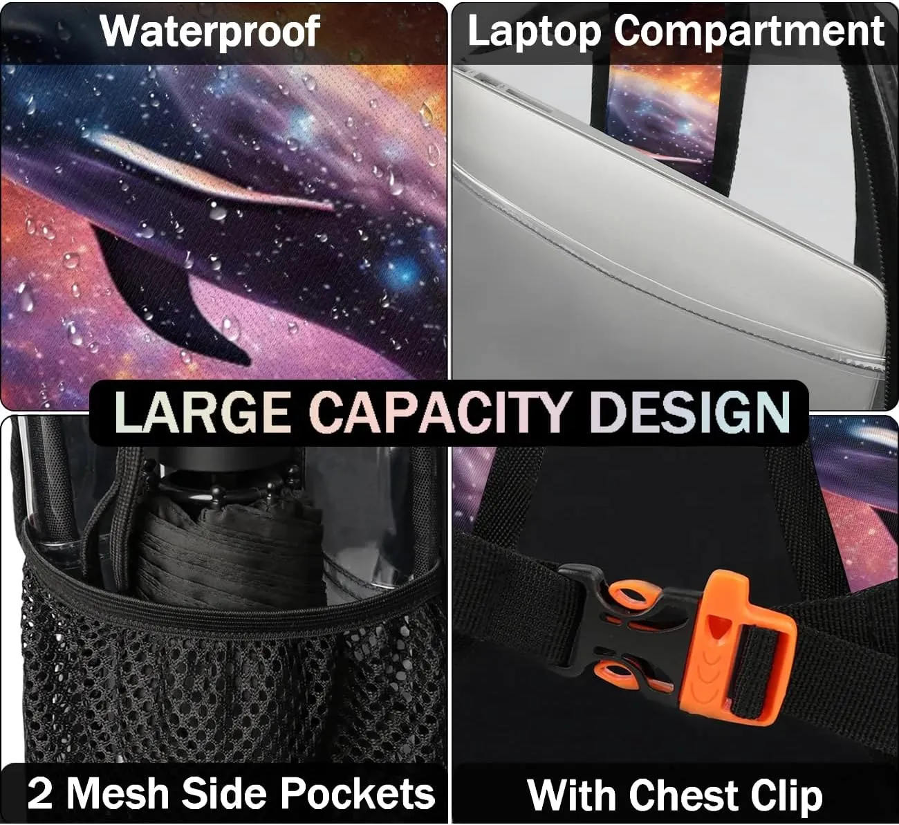 Funny Dolphin Theme Clear Backpack Stadium Approved Heavy-Duty See Through Bag Waterproof Clear Backpack for Concerts Work Sports & Events Large Capacity 11.2x6.2x17.7"
