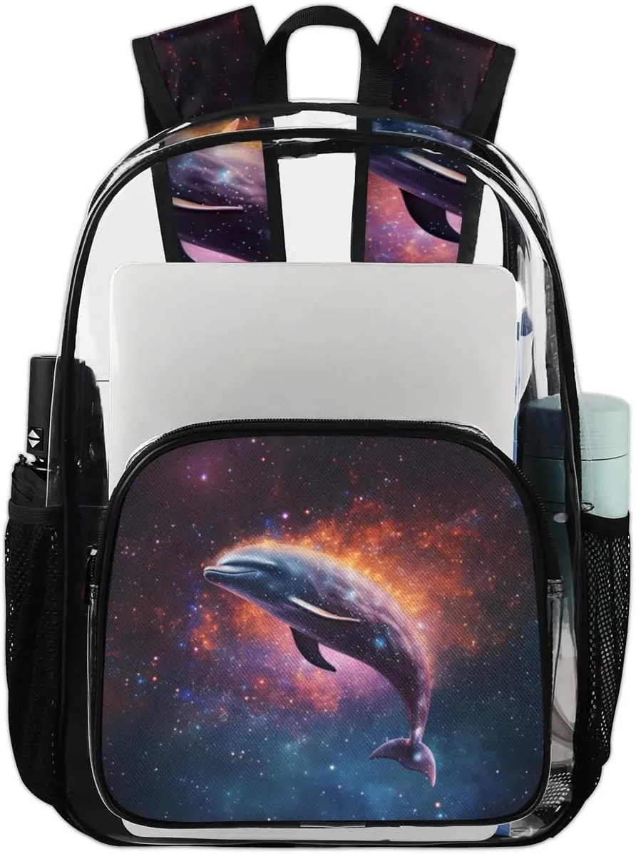 Funny Dolphin Theme Clear Backpack Stadium Approved Heavy-Duty See Through Bag Waterproof Clear Backpack for Concerts Work Sports & Events Large Capacity 11.2x6.2x17.7"