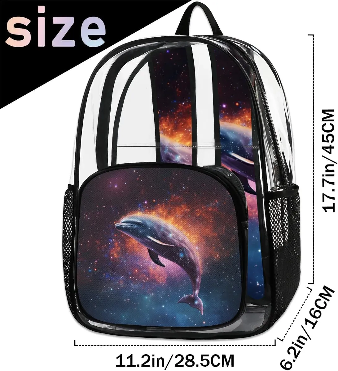 Funny Dolphin Theme Clear Backpack Stadium Approved Heavy-Duty See Through Bag Waterproof Clear Backpack for Concerts Work Sports & Events Large Capacity 11.2x6.2x17.7"