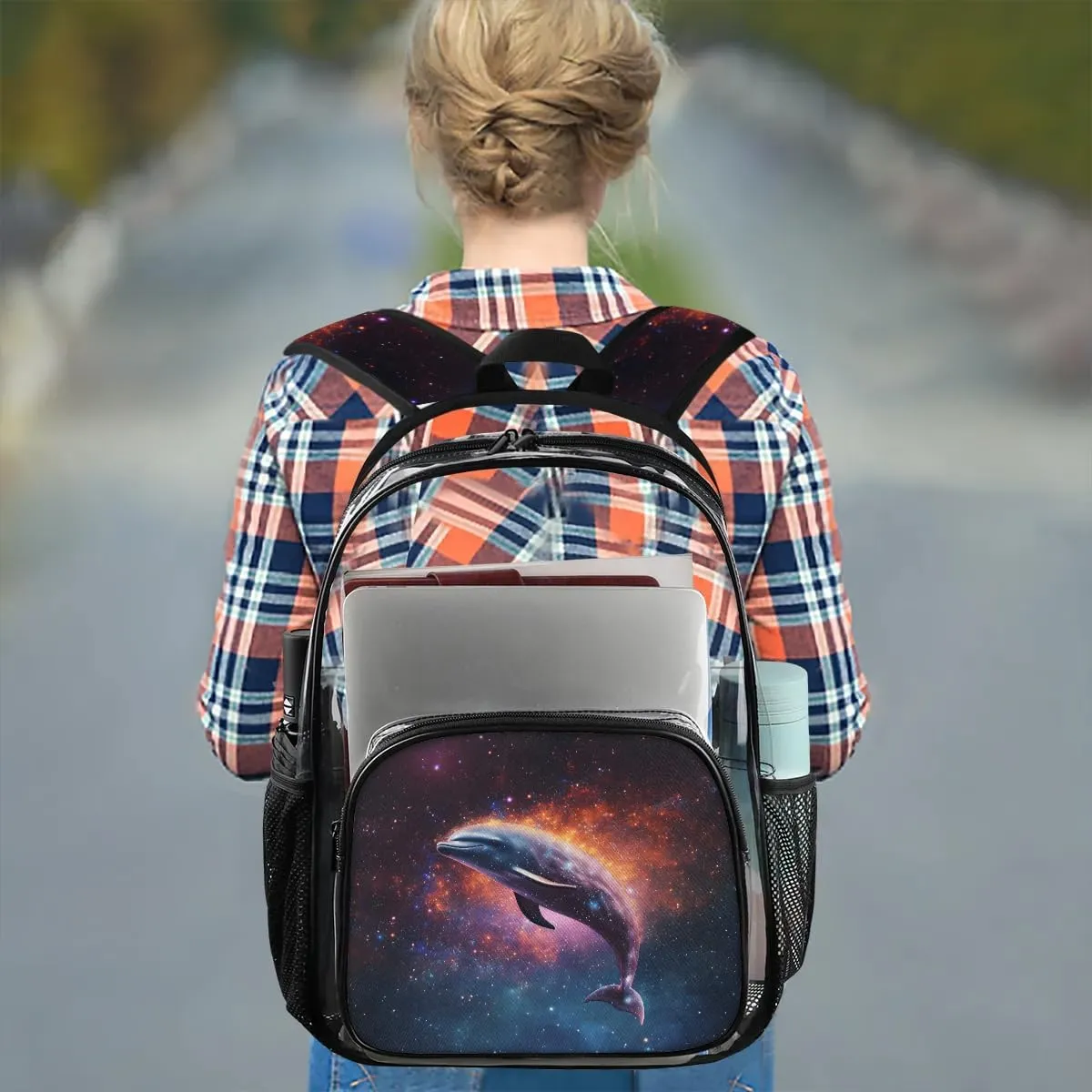 Funny Dolphin Theme Clear Backpack Stadium Approved Heavy-Duty See Through Bag Waterproof Clear Backpack for Concerts Work Sports & Events Large Capacity 11.2x6.2x17.7"