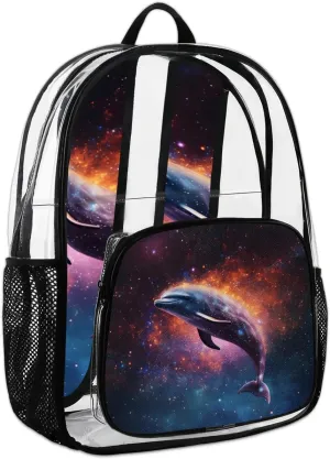 Funny Dolphin Theme Clear Backpack Stadium Approved Heavy-Duty See Through Bag Waterproof Clear Backpack for Concerts Work Sports & Events Large Capacity 11.2x6.2x17.7"