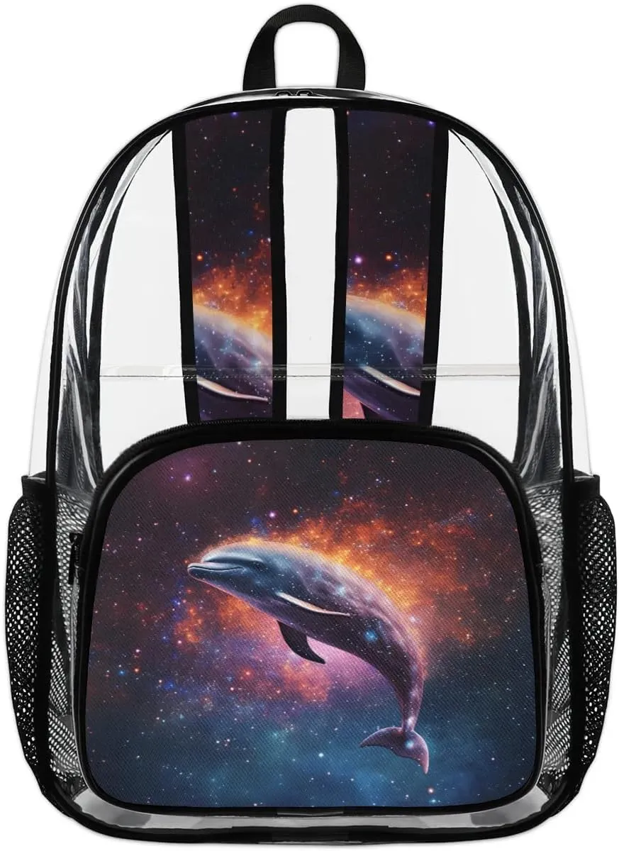 Funny Dolphin Theme Clear Backpack Stadium Approved Heavy-Duty See Through Bag Waterproof Clear Backpack for Concerts Work Sports & Events Large Capacity 11.2x6.2x17.7"