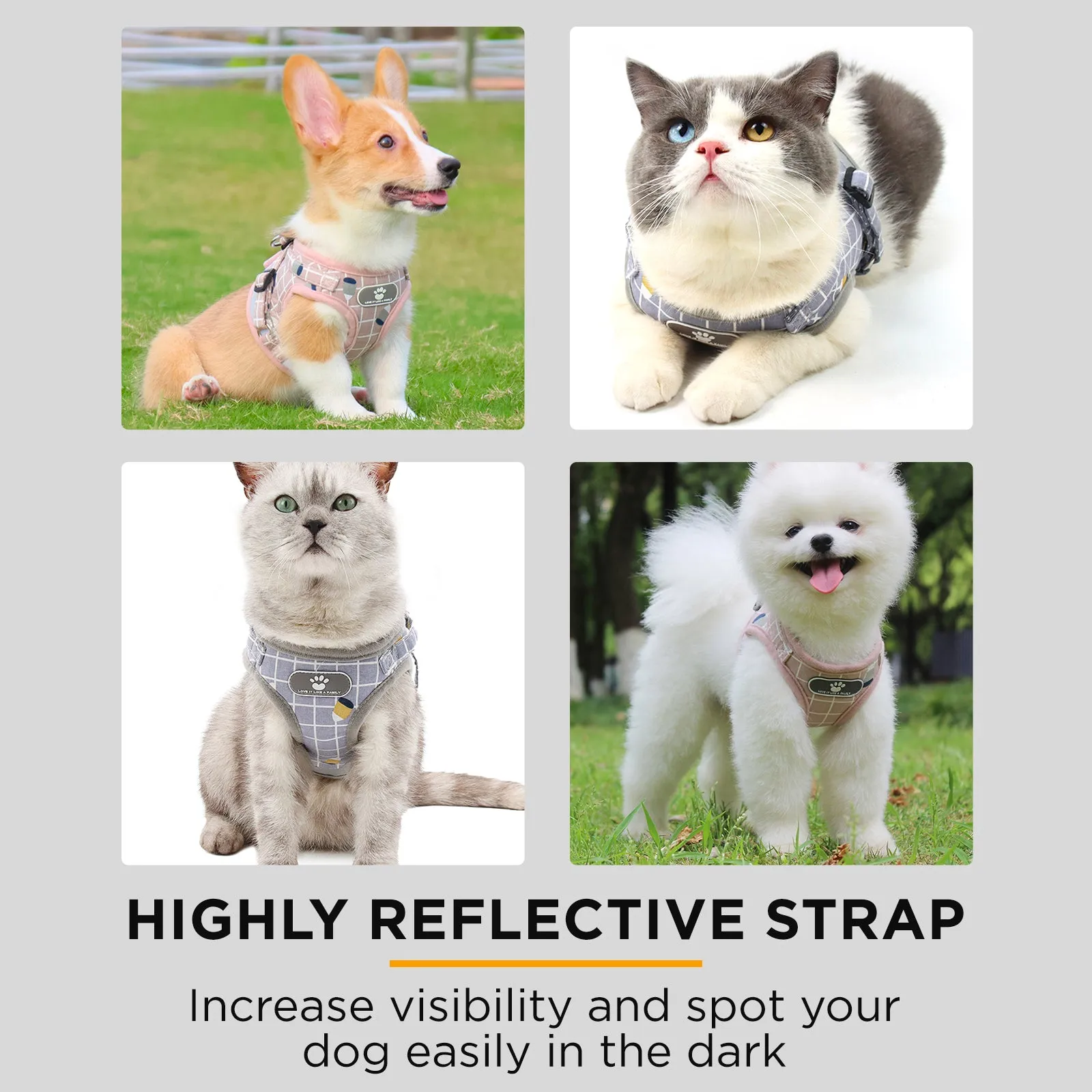Furbulous No Pull Cat Small Dog Harness and Lead Set Adjustable Reflective Step-in Vest Harnesses Mesh Padded Plaid Escape Proof Puppy Jacket