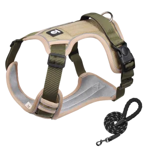Furbulous Tactical Dog Harness Adjustable No Pull Pet Harness Reflective Working Training Dog Harness with 1.5m Lead - Khaki Small