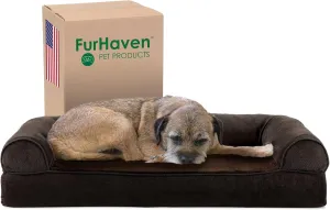 Furhaven Cooling Gel Dog Bed for Medium/Small Dogs w/ Removable Bolsters & Washable Cover, For Dogs Up to 35 lbs - Sherpa & Chenille Sofa - Coffee, Medium