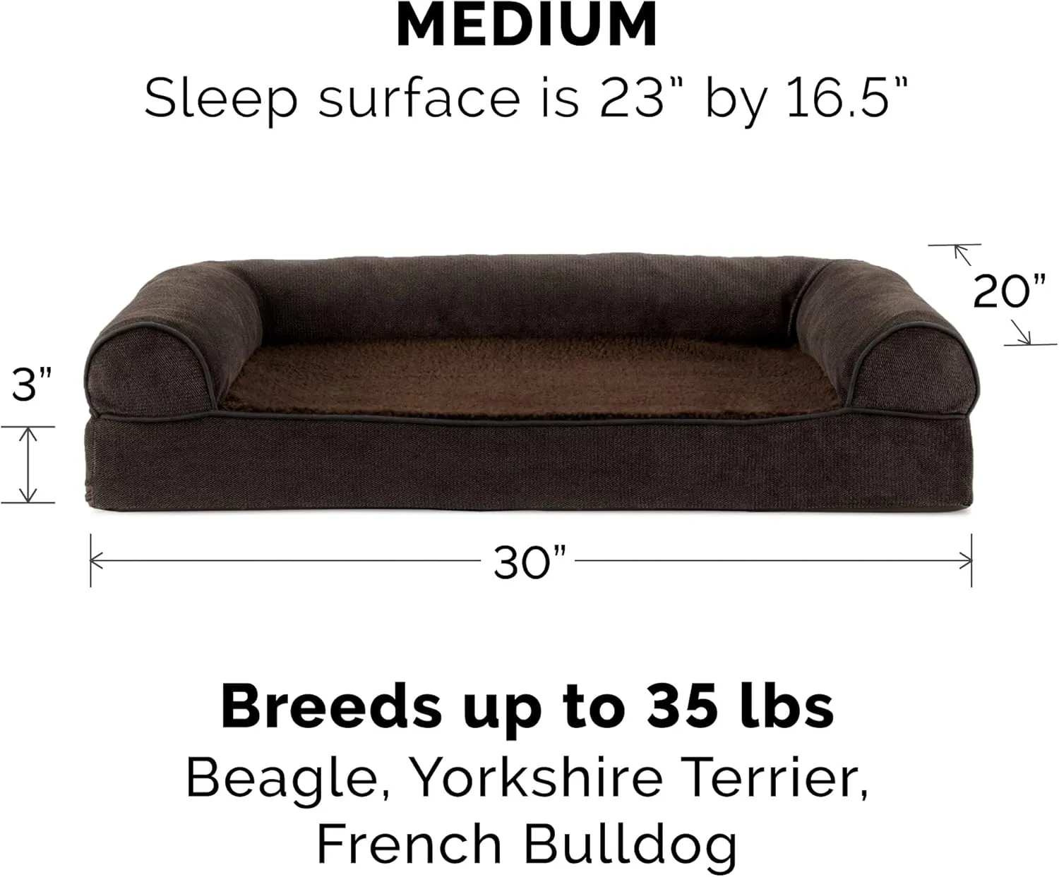Furhaven Cooling Gel Dog Bed for Medium/Small Dogs w/ Removable Bolsters & Washable Cover, For Dogs Up to 35 lbs - Sherpa & Chenille Sofa - Coffee, Medium