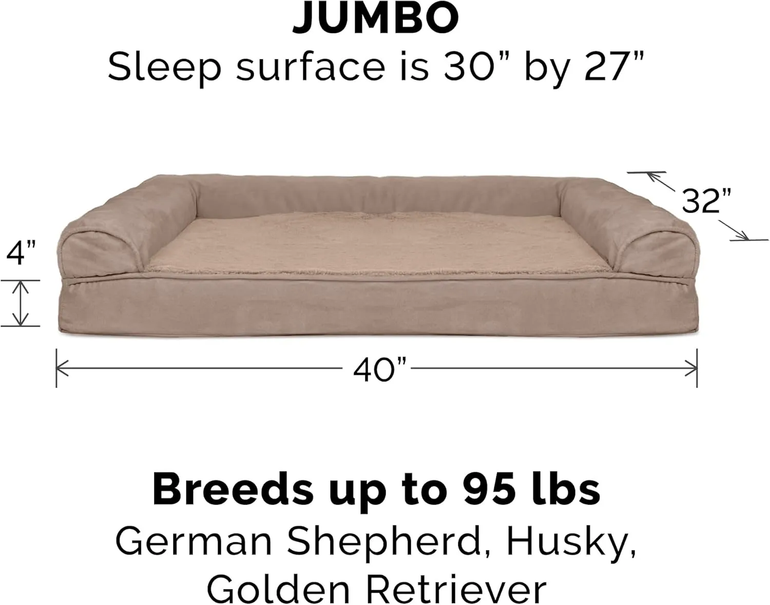 Furhaven Orthopedic Dog Bed for Large Dogs w/ Removable Bolsters & Washable Cover, For Dogs Up to 95 lbs - Plush & Suede Sofa - Almondine, Jumbo/XL
