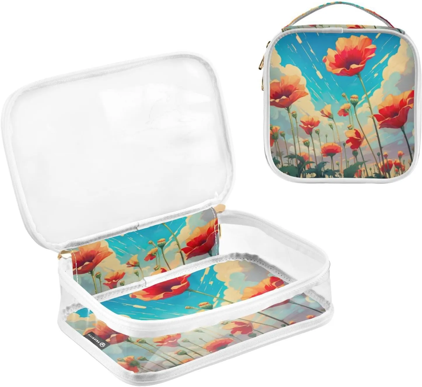 GAIGEO Bunch of Red Flowers Clear Travel Bag Tsa, Cosmetic Bags for Travel, Toiletry Bag for Women Traveling, 2 Pack