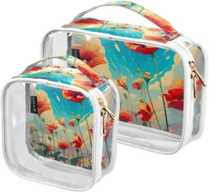 GAIGEO Bunch of Red Flowers Clear Travel Bag Tsa, Cosmetic Bags for Travel, Toiletry Bag for Women Traveling, 2 Pack
