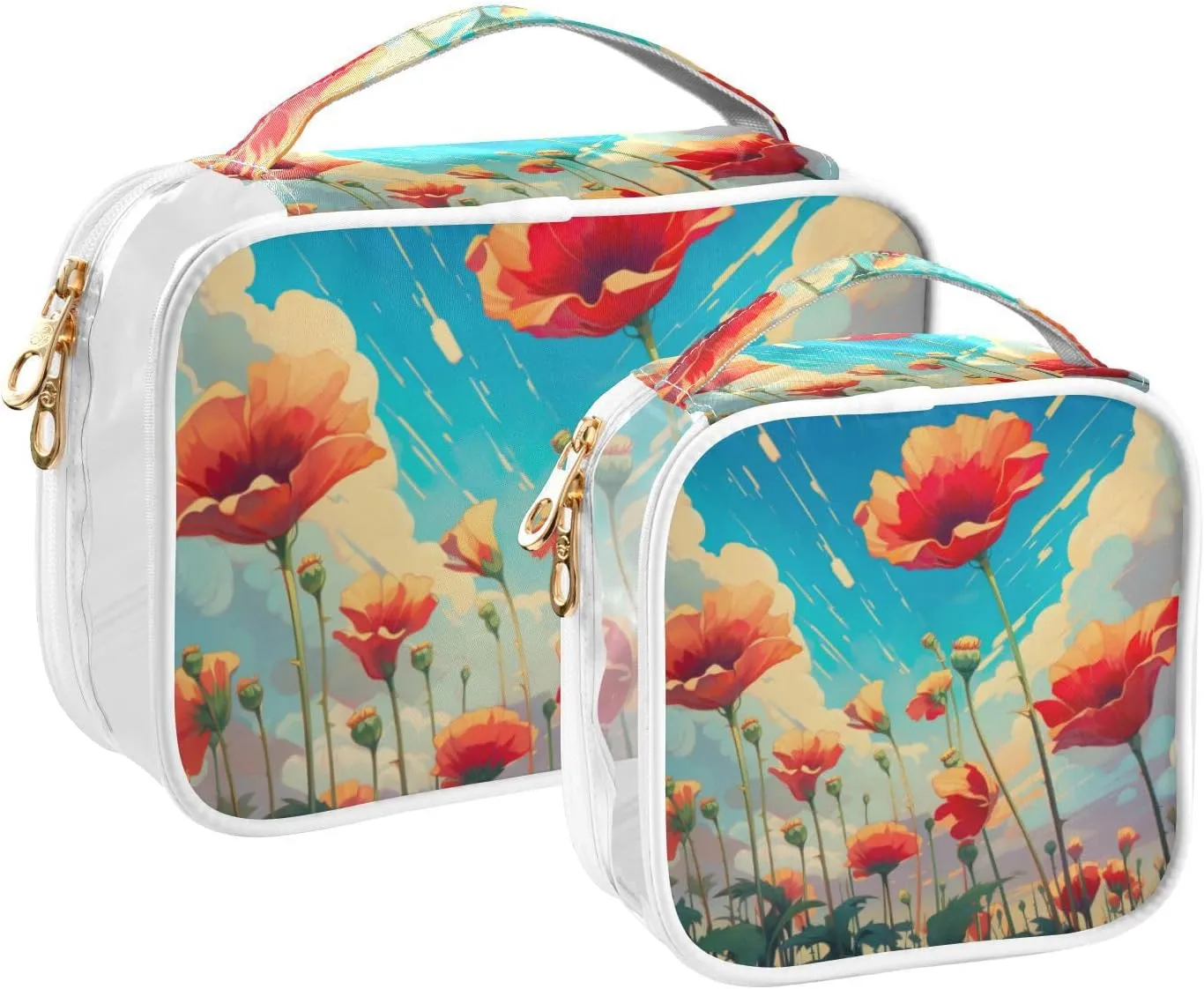 GAIGEO Bunch of Red Flowers Clear Travel Bag Tsa, Cosmetic Bags for Travel, Toiletry Bag for Women Traveling, 2 Pack